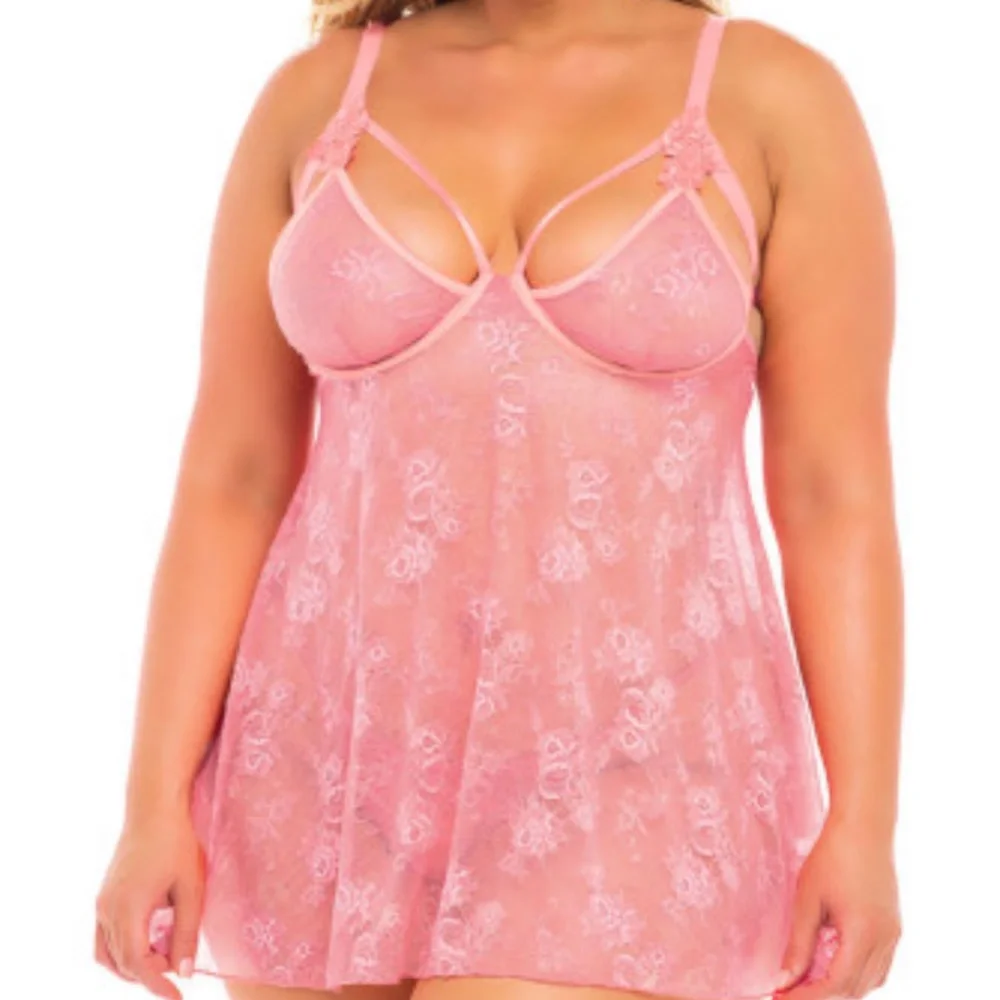 Pink Plus Size Lace Valentine Babydoll Chemise Slip with Matching Thong - Picture 7 of 8